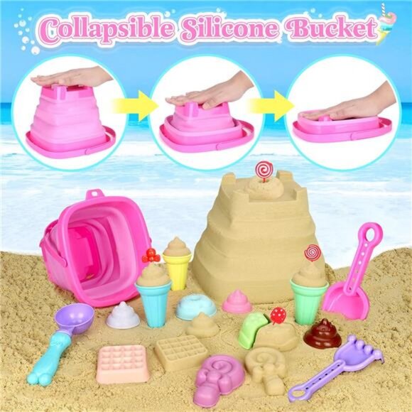 Collapsible Beach Toys Set for Girls, Collapsible Sand Bucket and Shovels Set - Picture 2 of 7